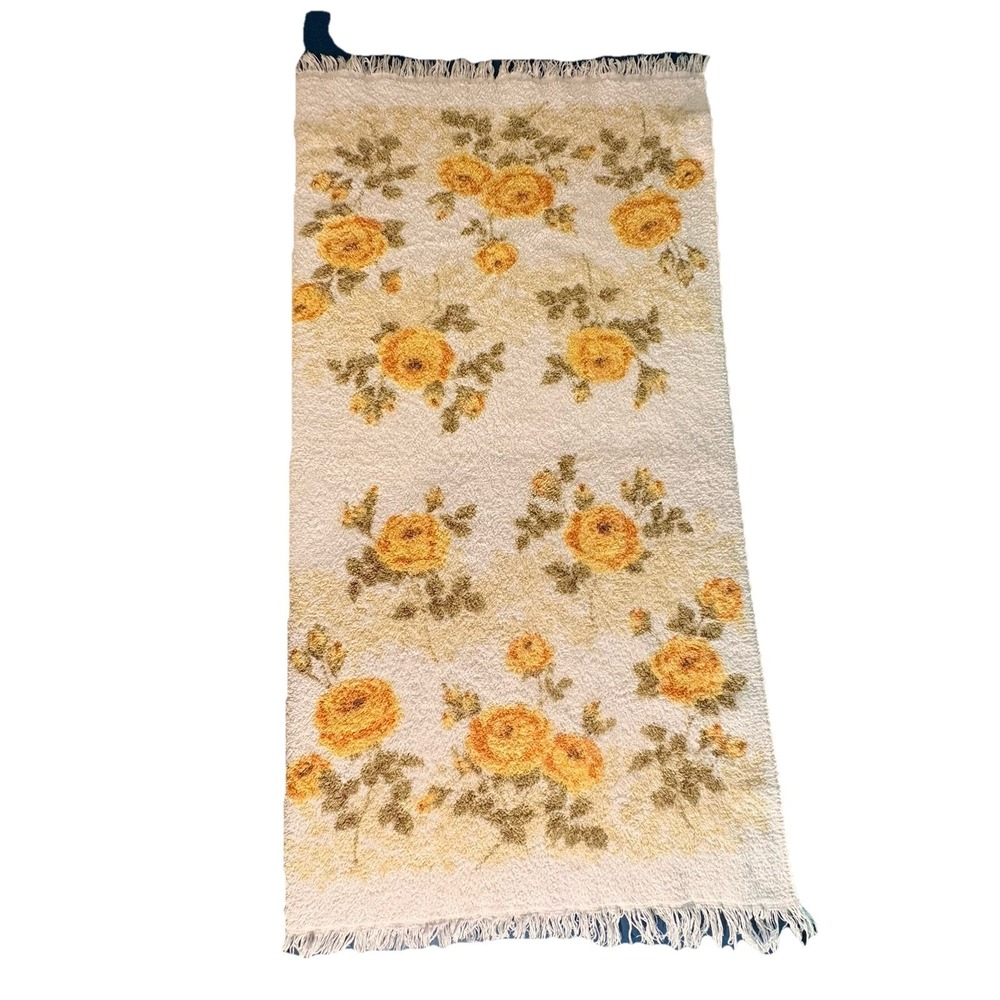 Vintage St Marys Bath Towel Yellow Floral Fringe Made USA 22x38